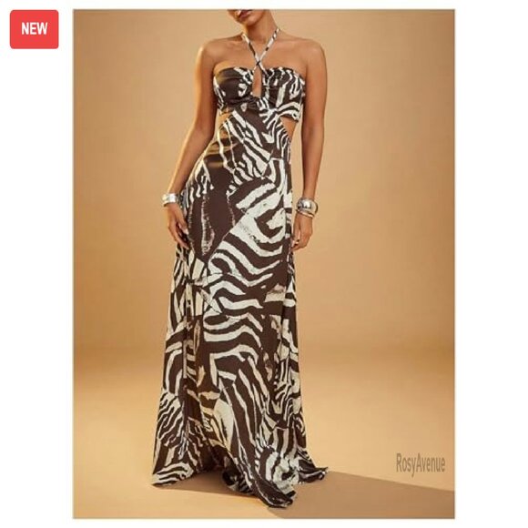 Women's Ruched Halter Dress Backless Cut Out Sleeveless Party - Picture 5 of 7